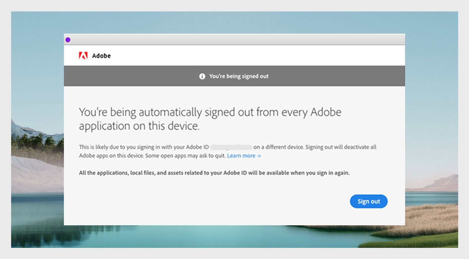 The creative cloud dialog box displays a message saying that the user has been signed out of all devices.