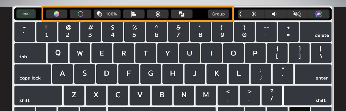 The default Touch Bar interface on macOS displays highlighted Illustrator-specific controls in app specific area.