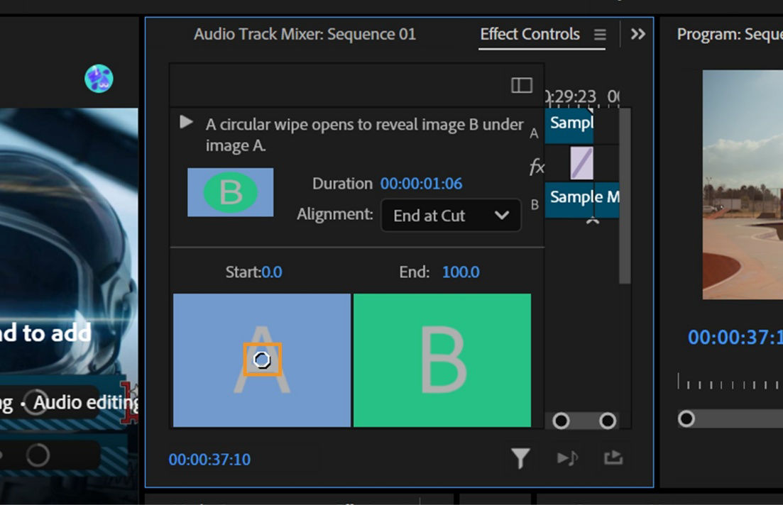 The default transition center is highlighted in the A preview area within the Effect Controls panel.