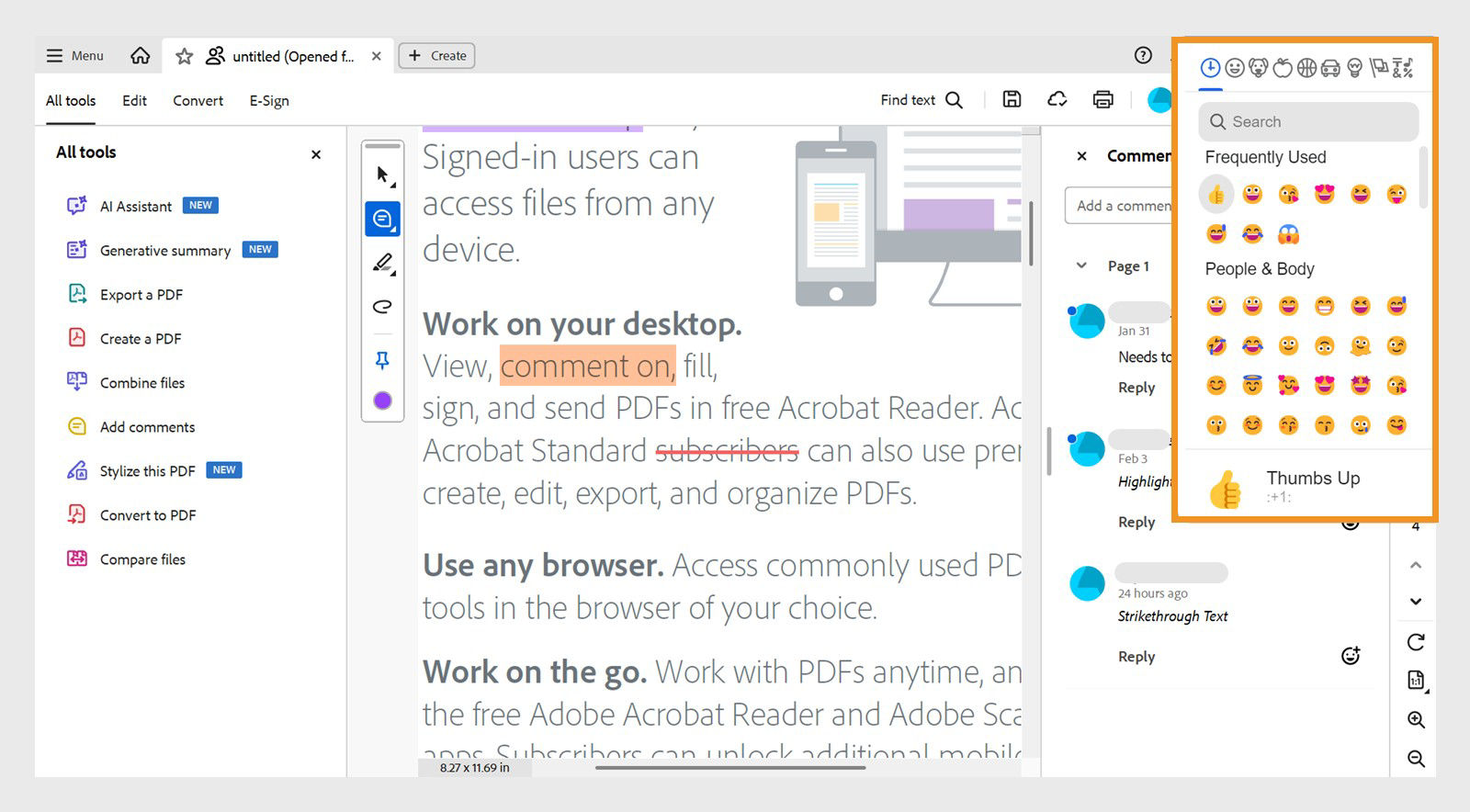 The dialog box with emoticons is visible over the comments panel.