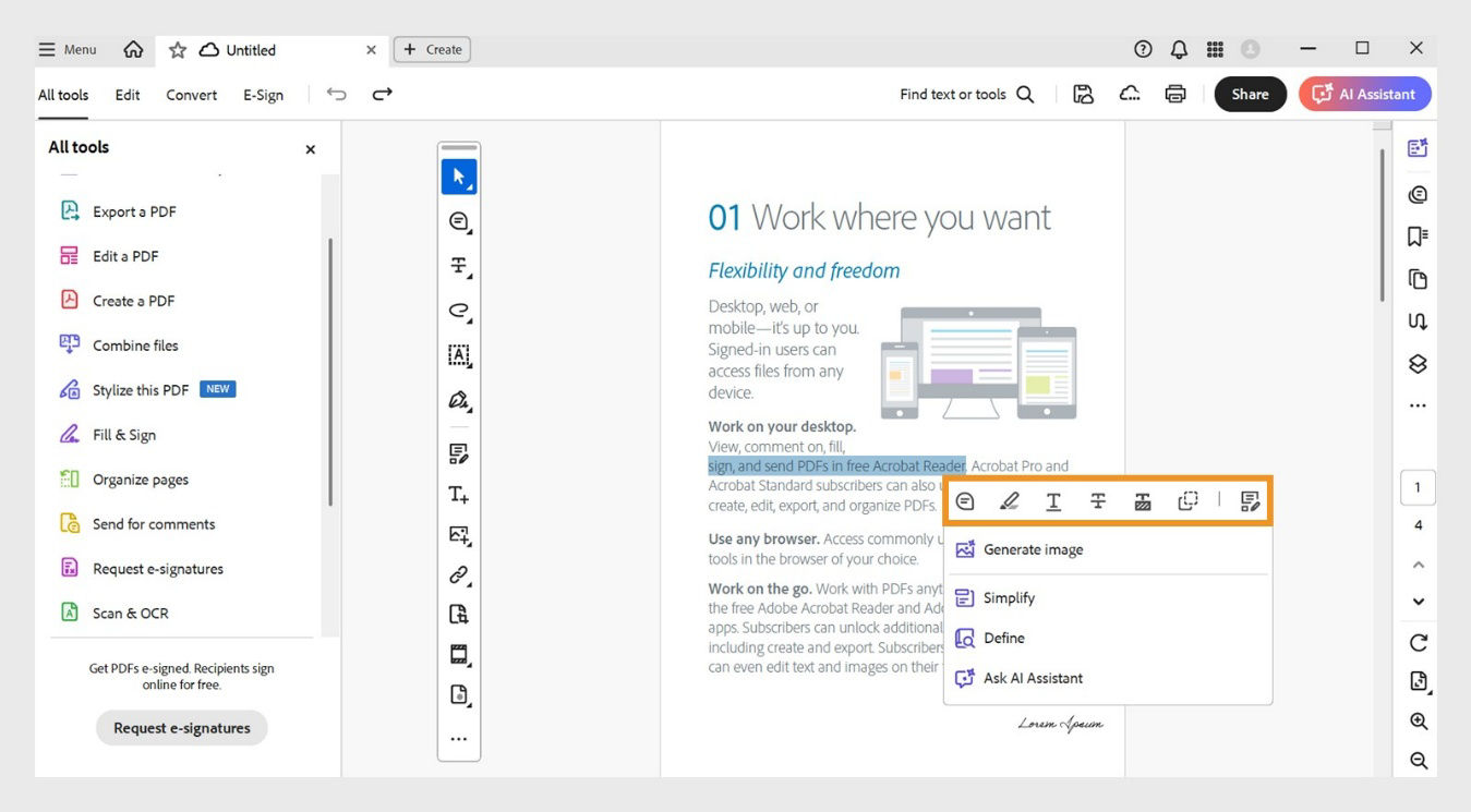 The document pane displays the following options in the floating toolbar to perform actions on selected text: Add a comment, Highlight text, Underline text, Strikethrough text, Redact text, Copy Text, and Edit a PDF.