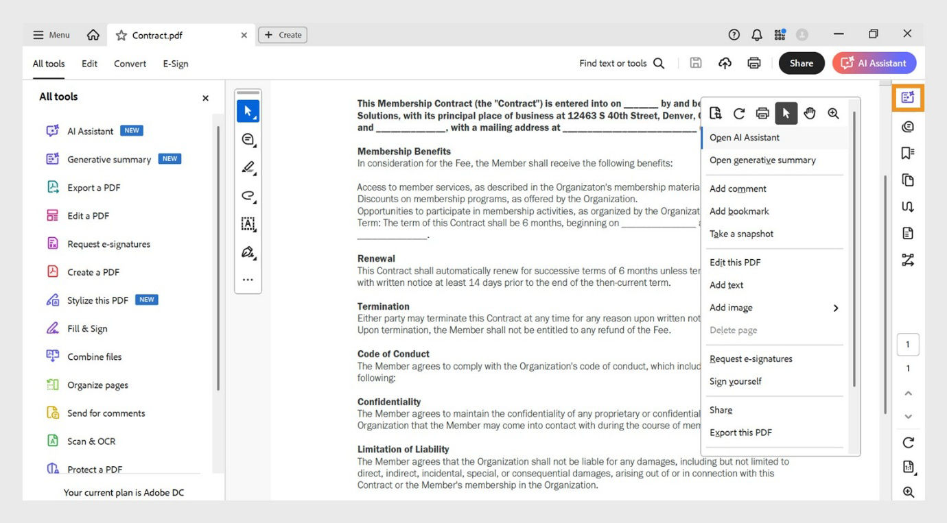 The document pane shows context menu with options to open the AI Assistant and generative summary, as well as edit, export and share the PDF. The navigation pane displays a highlighted generative summary option.