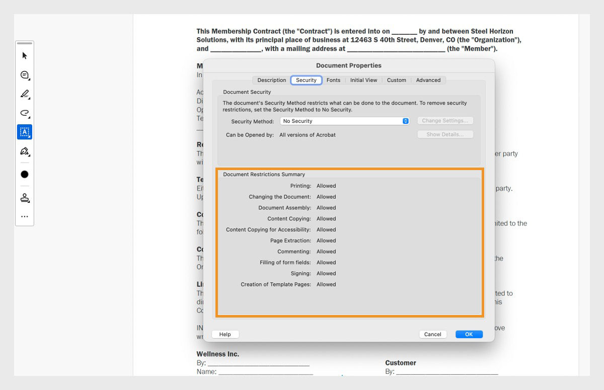 The document properties dialog box is opened under the security tab. The Document Restriction summary section is highlighted, which shows all the permissions related to the PDF. 
