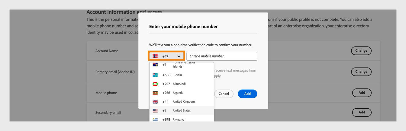 The dropdown menu, available when you select the downward arrow icon in the window to enter a phone number, allows you to select your country. 