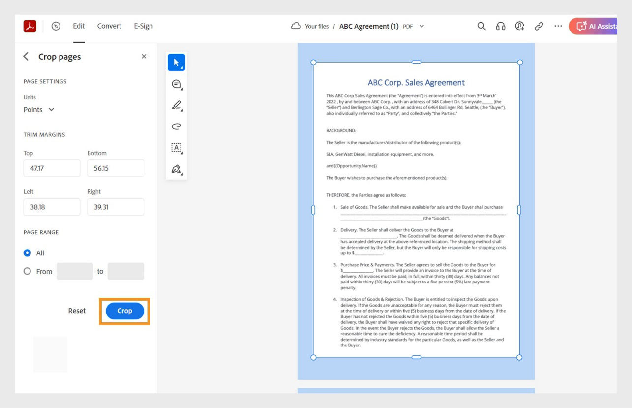 The file pages appear with crop handles and crop tools in the left panel. Crop button is highlighted.