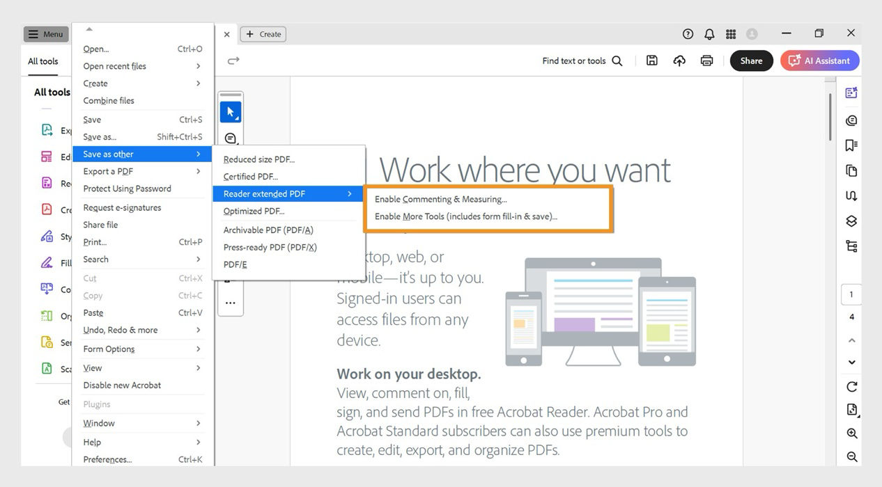 The following options are highlighted under Reader extended PDF menu: Enable Commenting & Measuring and Enable More Tools (includes form fill-in & save).