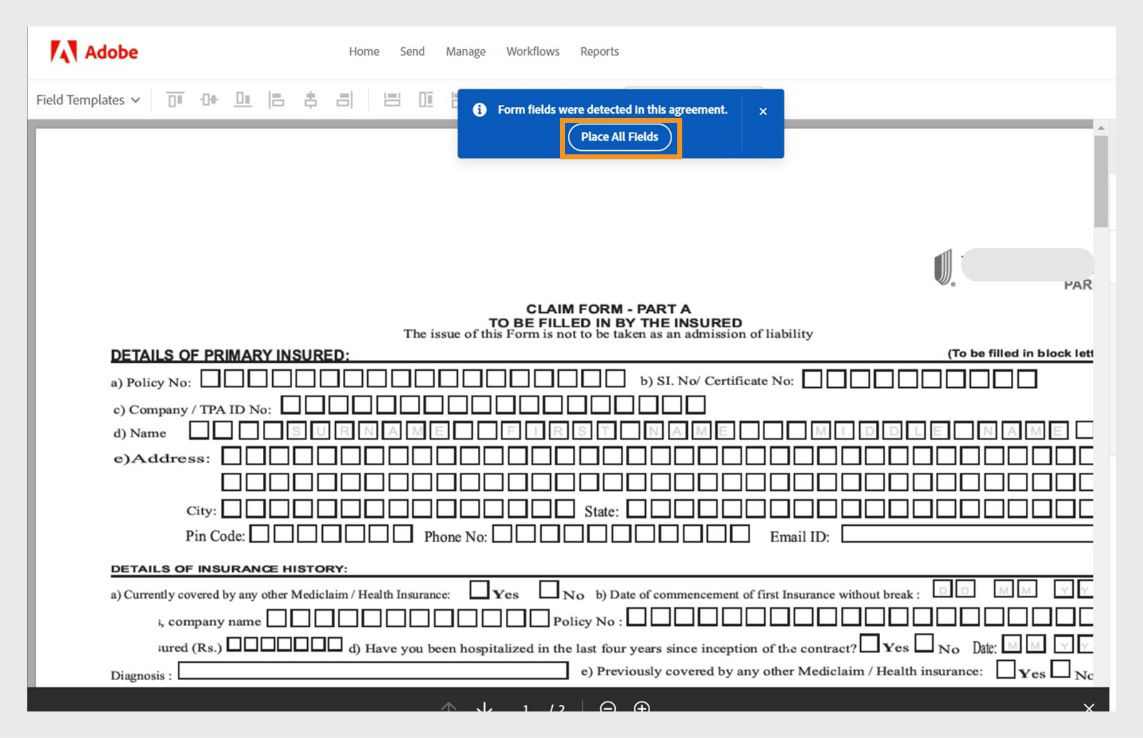 The form fields on the document are automatically detected and a message with an option to Place All Fields is highlighted.