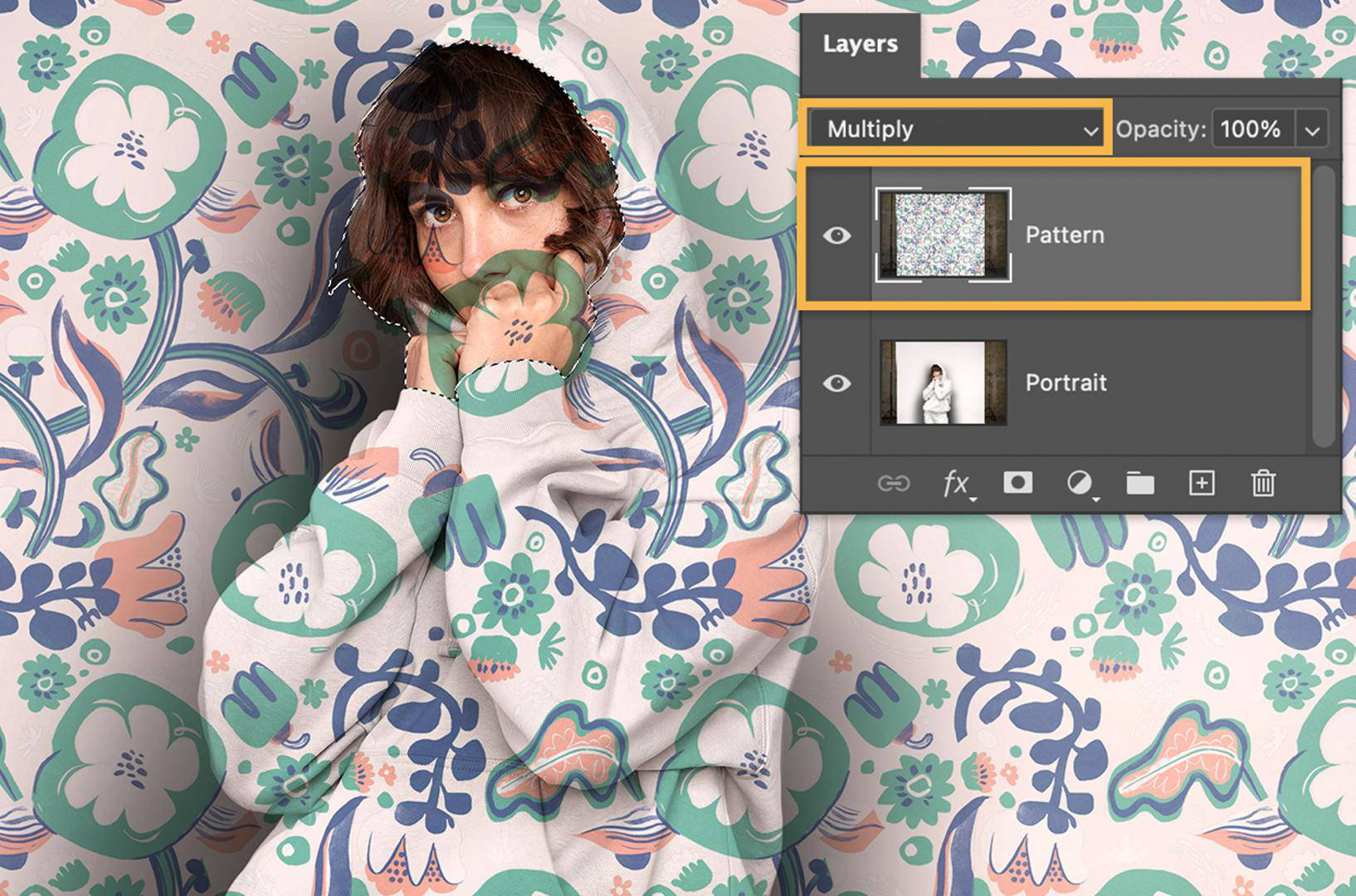The girl (except for the hands and face) and background are covered by a floral pattern. The Pattern layer has a mask thumbnail.