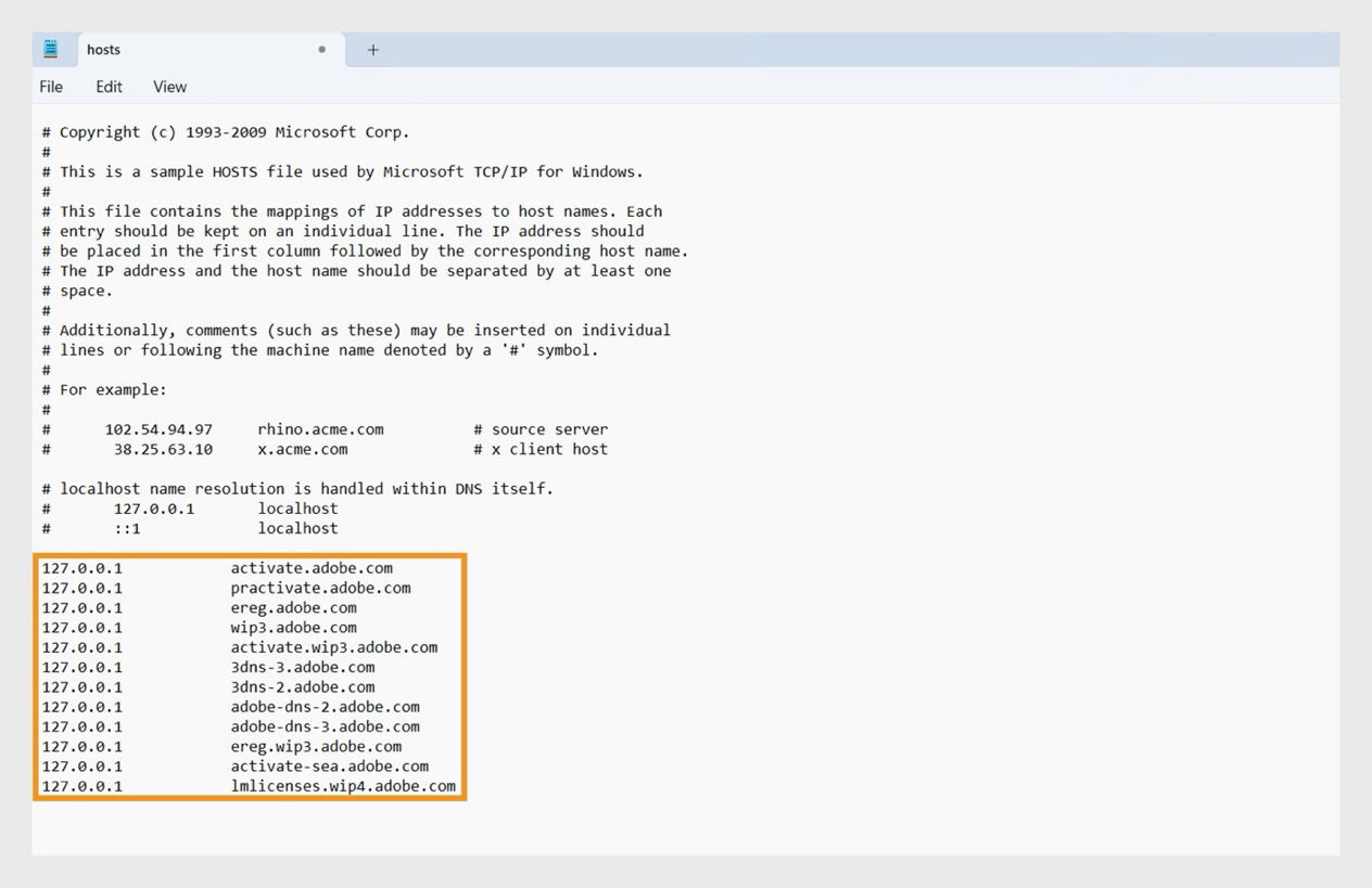 The hosts file includes localhost information and, in case of errors, Adobe-related entries. 