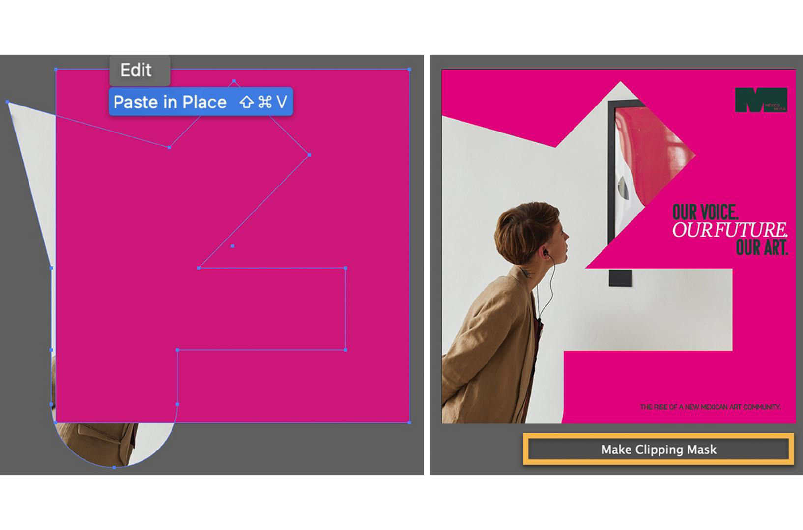 The image-filled shape goes past the artboard and is covered by a rectangle. Edit > Paste in Place, then Make Clipping Mask clips the excess.