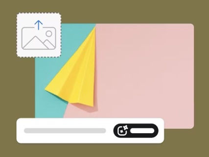 The image shows a digital illustration with a pastel color scheme. It features a large pink square area and an overlay of green triangle. There is one yellow paper plane resting on it. There are icons for uploading an image and a prompt bar. This is an example of a suggested reference for style while using the Text to Image feature in Firefly.