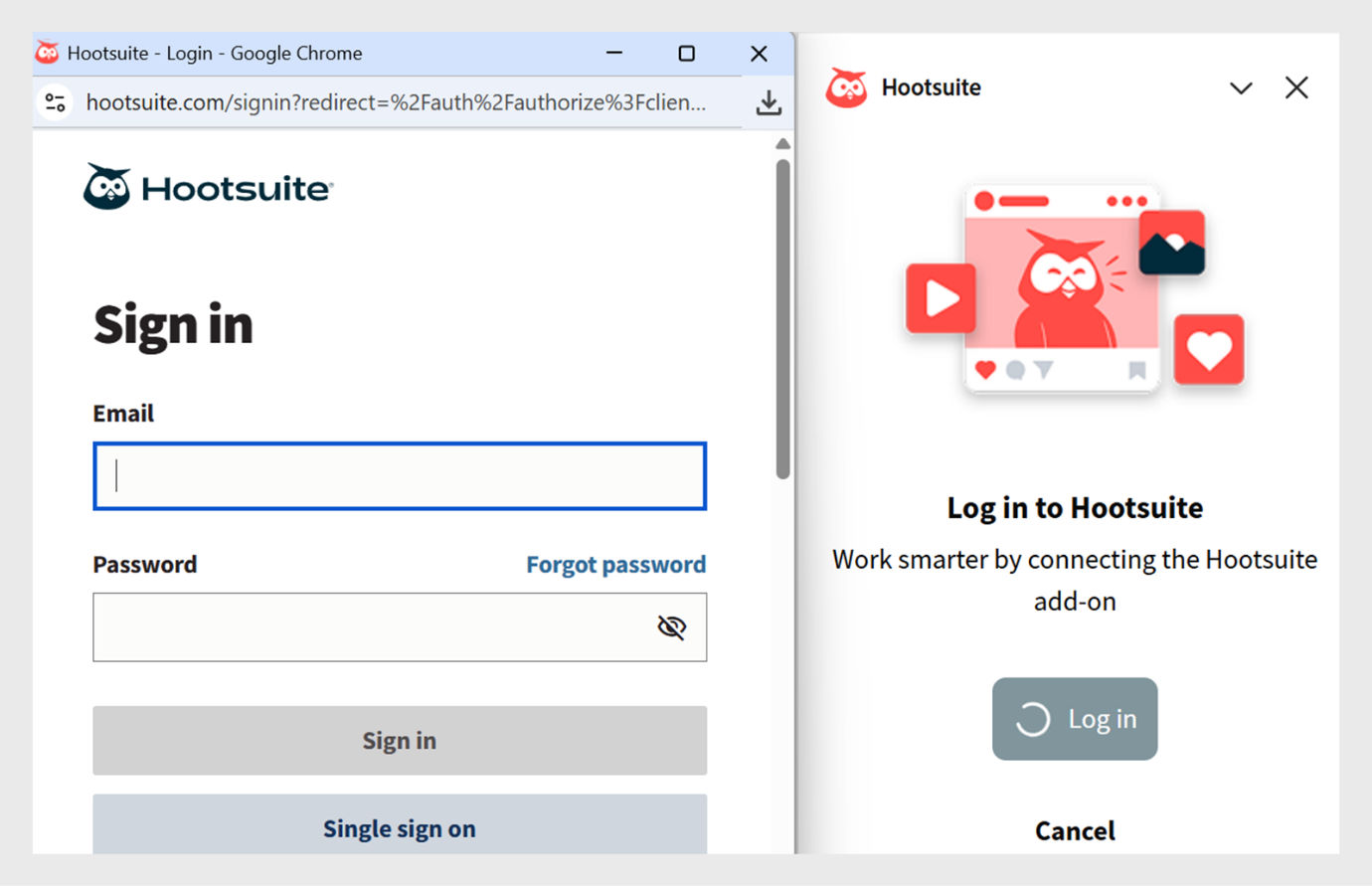 The image shows the Hootsuite login panel in the Adobe Express editor, where users can sign in using their email and password, with the Hootsuite panel displayed on the right side. 