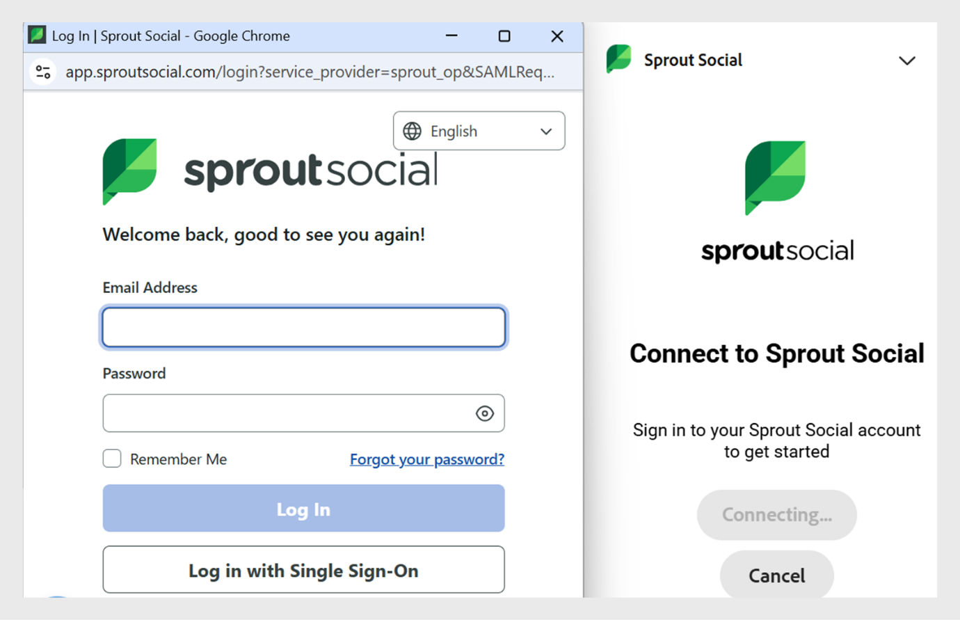 The image shows the Sprout Social login panel in the Adobe Express editor, where users can sign in using their email and password, with the Sprout Social panel displayed on the right side. 
