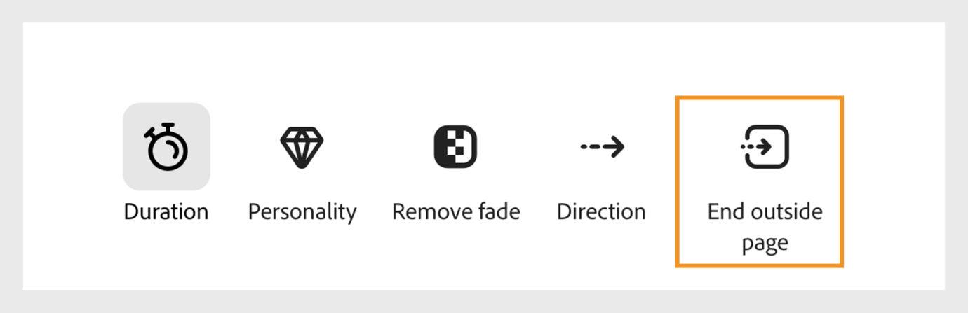 The image shows the animation options showing icons for Duration, Personality, Remove fade, Direction, and End outside page (highlighted).