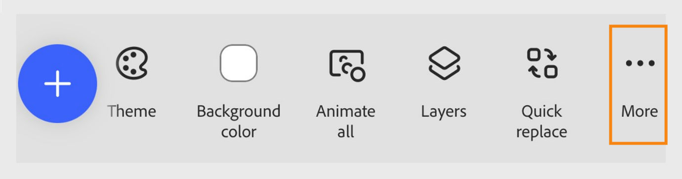 The image shows the options in the properties panel like Theme, Background color, Animate all, Layers, Quick replace, and the highlighted More option. 