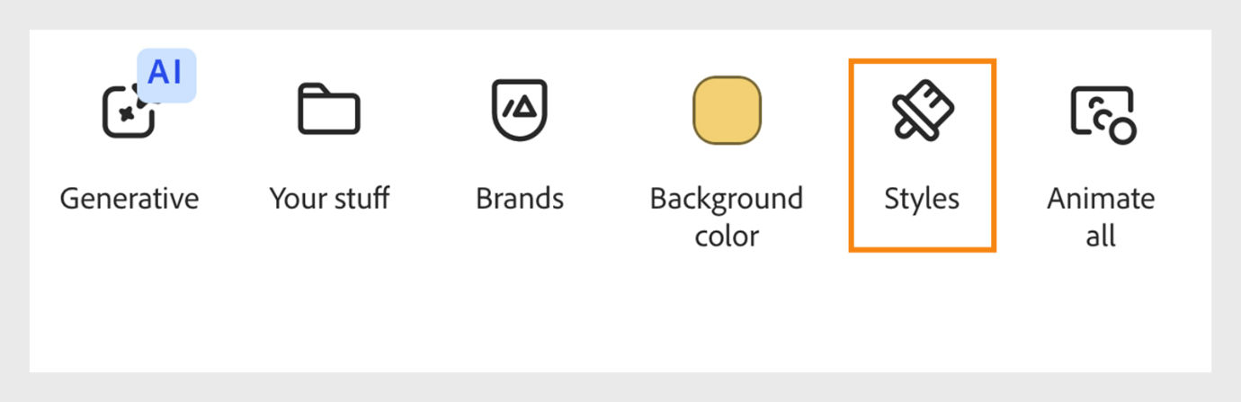 The image shows the options on the panel like Resize, Generative AI, Your stuff, Brands, Background color, Styles (highlighted), and Animate all. 
