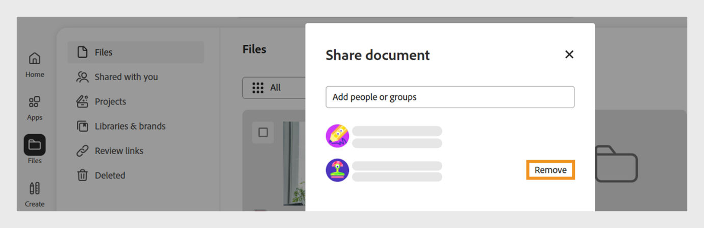 The image shows the share dialog box with the list of collaborators. Select Remove in front of the collaborator you want to remove. 