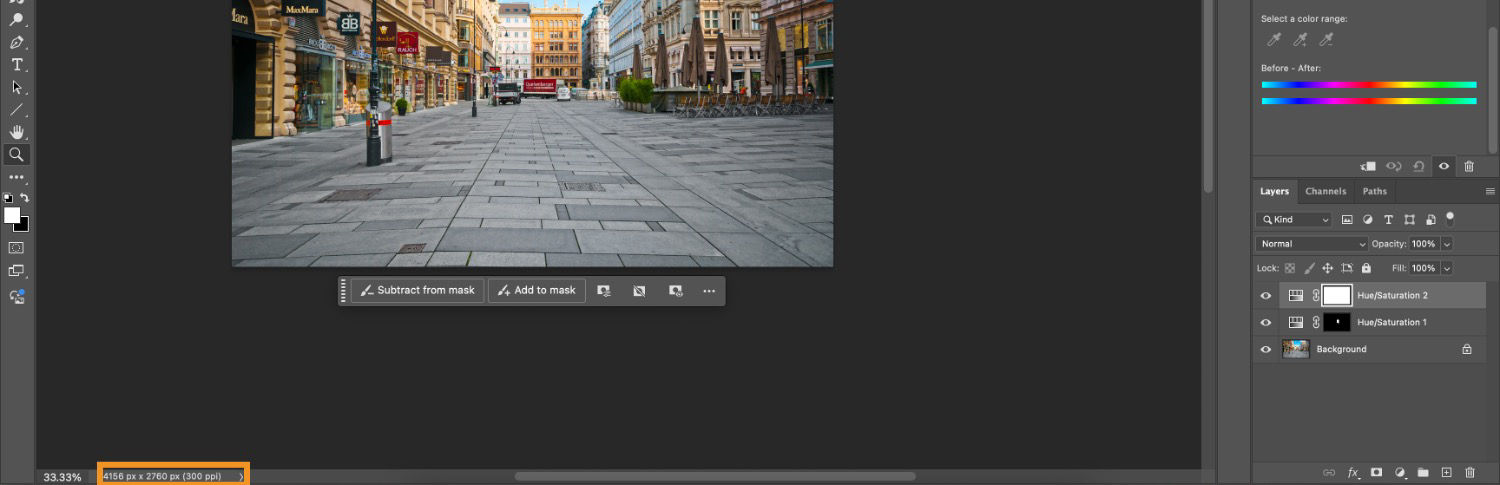 The image size detail button is highlighted at the lower left of the Photoshop canvas.		