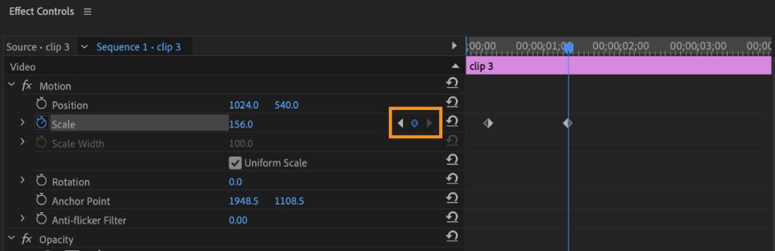 The keyframe navigation arrow for the Scale property in the Effect Controls panel.