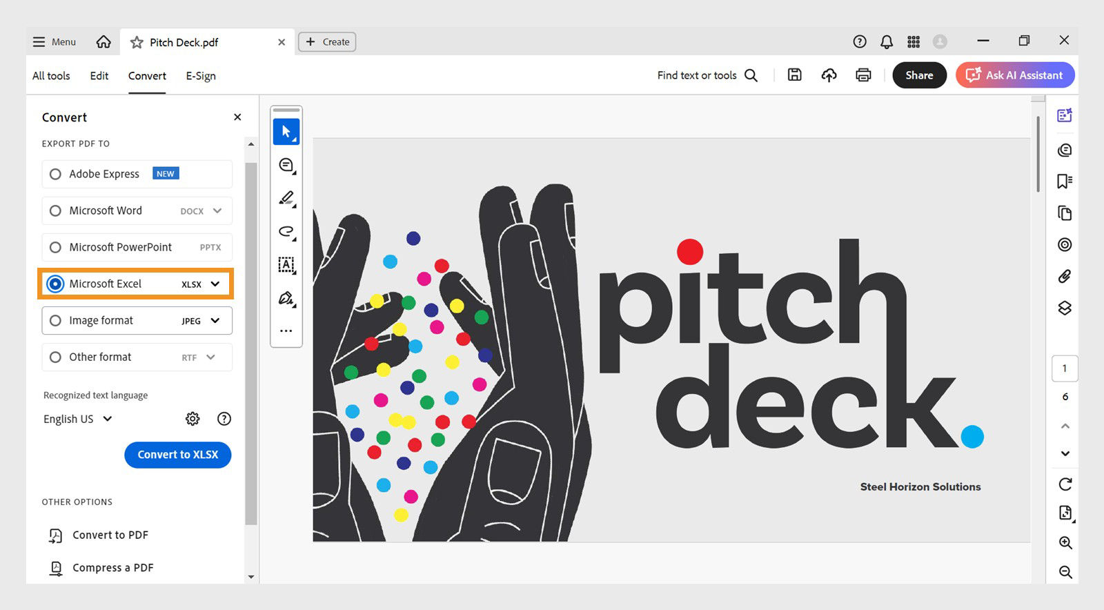 The left pane of the Convert menu highlights Microsoft Excel XLSX. Other options include Adobe Express, Microsoft Word, and Microsoft PowerPoint. 