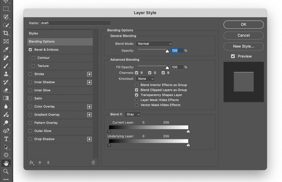 The left panel of the opened Layer Style dialog box lists style options like Bevel & Emboss, Contour, Texture, and Stroke. The right panel shows Blending Options with Normal blend mode, 100% opacity, Fill Opacity 100%, and advanced blending settings for channels and knockout. 