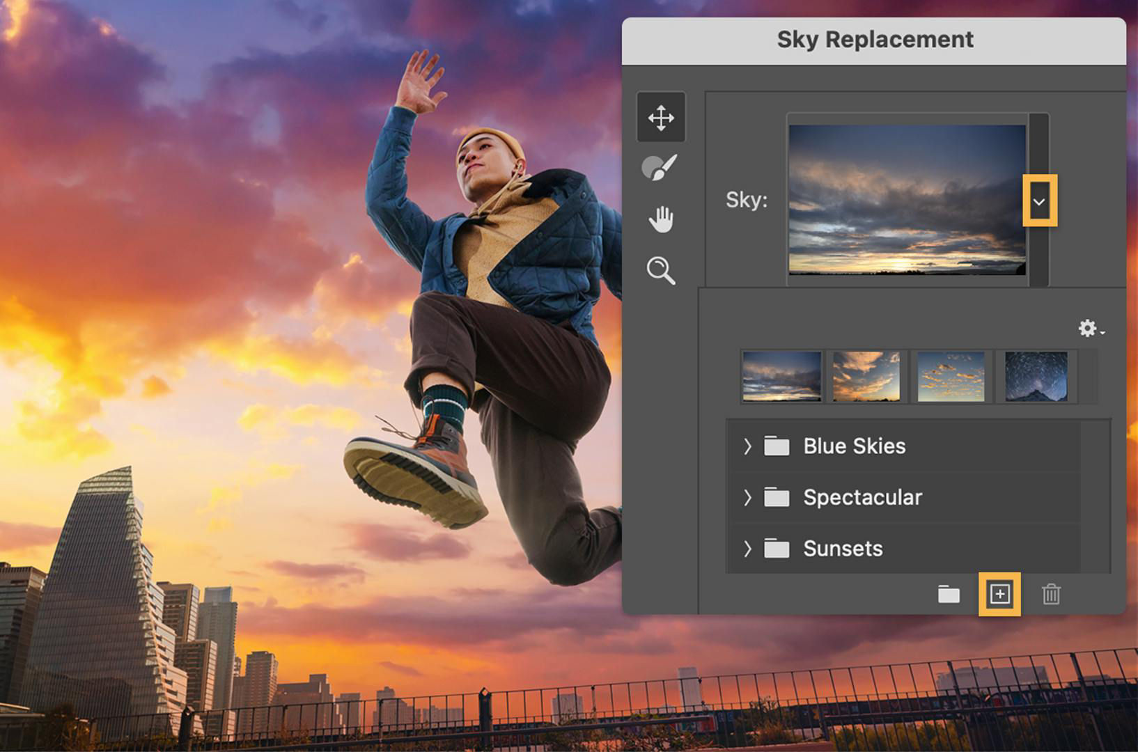 The man jumping has a vibrant, sunset sky behind him and the + button is selected on the Sky Replacement panel.