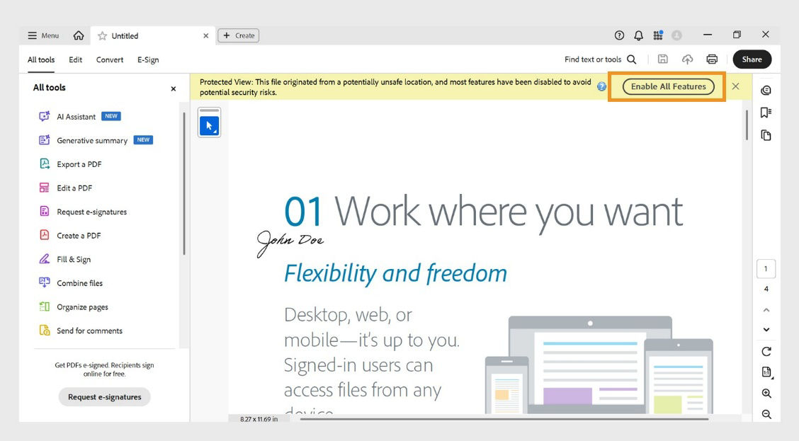 The message bar displays the Enable All Features option and the following message- Protected View: This file originated from a potentially unsafe location, and most features have been disabled to avoid potential security risks.