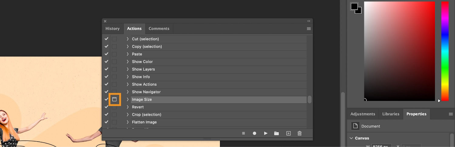 The modal control button is highlighted in the Action panel.