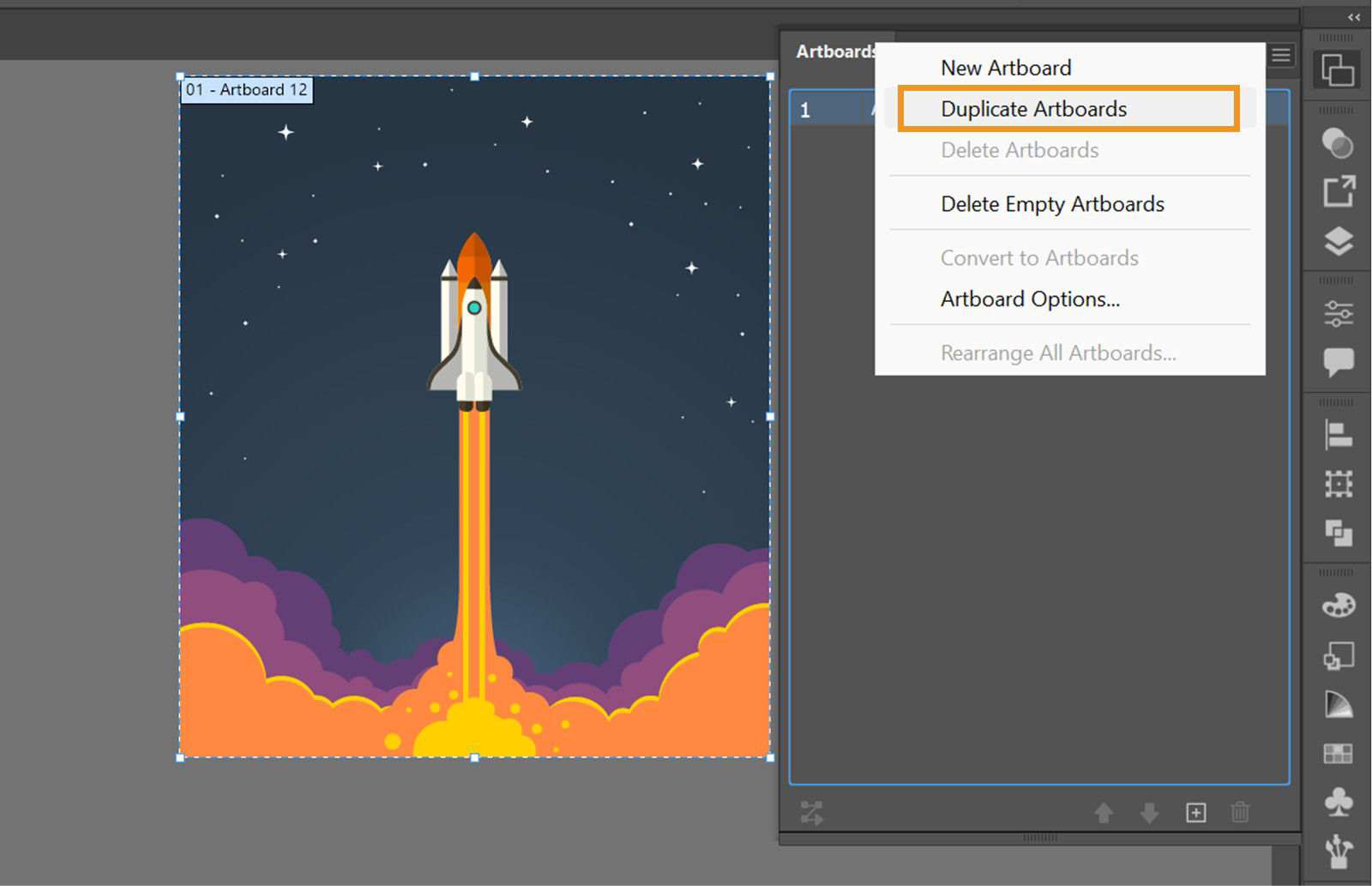 The more options menu in the Artboards panel displays options such as creating new artboards, deleting, converting objects to artboards, modifying settings, and rearranging them, with Duplicate Artboards highlighted for duplicating selected artboards.