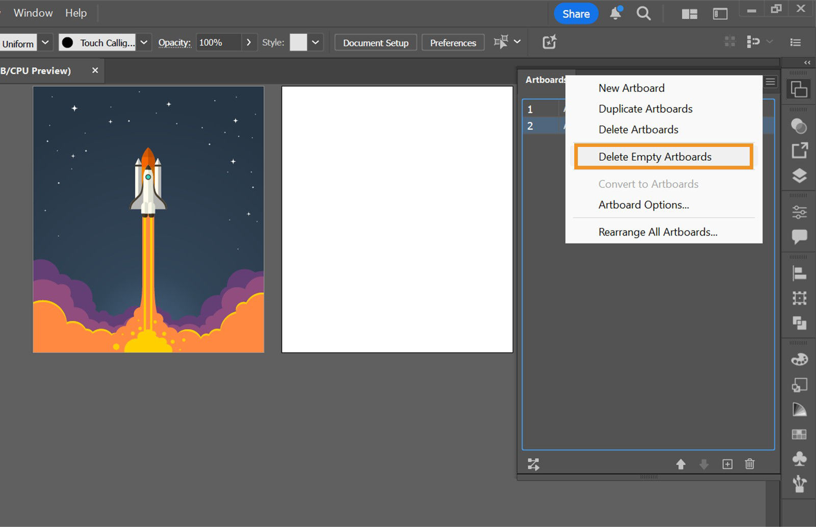 The more options menu in the Artboards panel displays options such as creating new artboards, duplicating, converting objects to artboards, modifying settings, and rearranging them. Delete Empty Artboards is highlighted for removing artboards that contain no content.