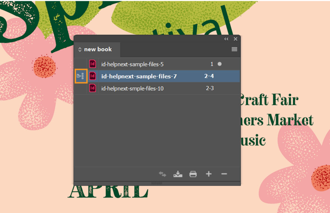 The open Book panel showing a list of three book documents, and the style source icon highlighted next to one document.