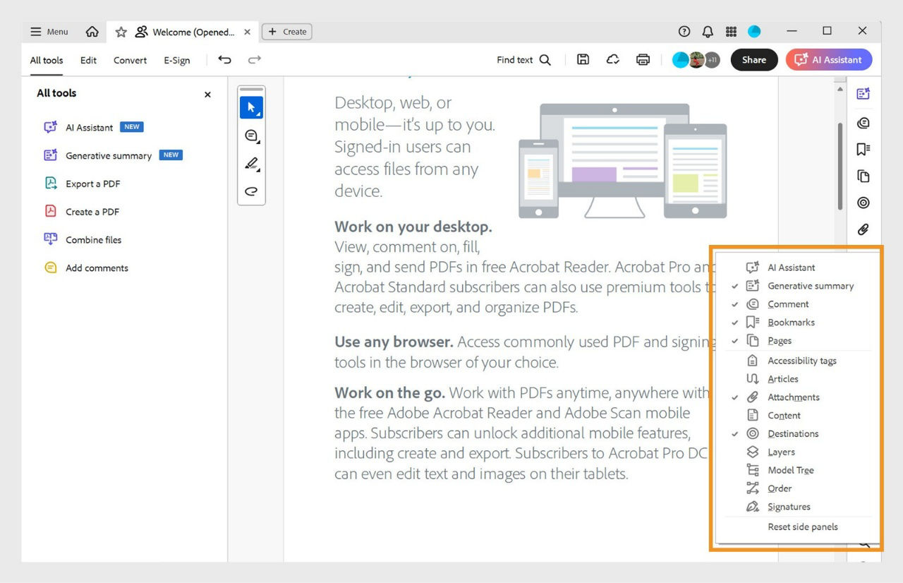 The open document view on Acrobat shows the side panels menu highlighted in orange, with selected tools marked by a check.