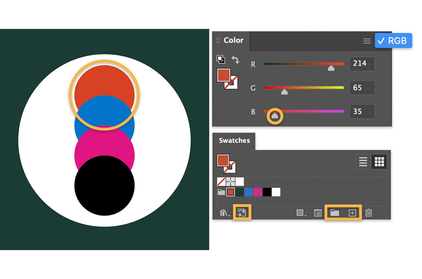 The orange circle in the stack of circles is being adjusted by the RGB channels in the Color panel and is added to the Swatches panel.