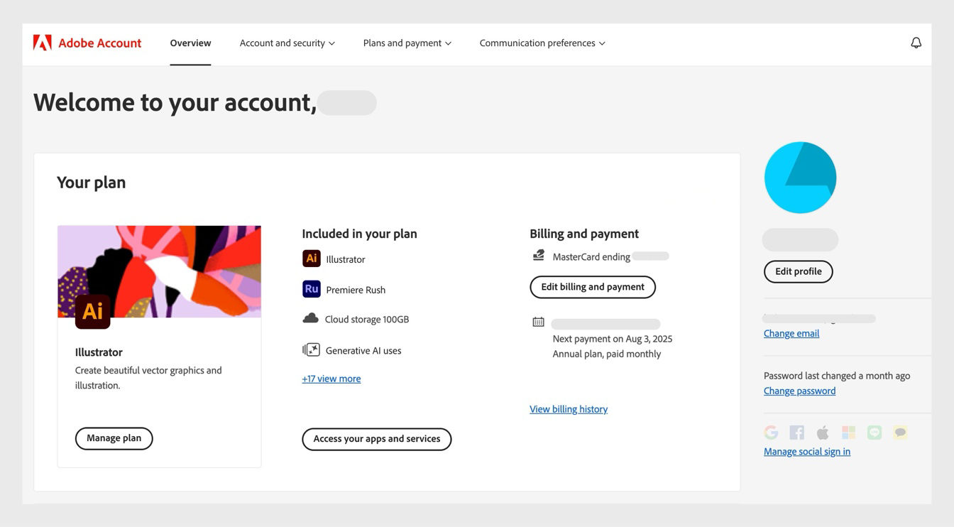 The overview page of your Adobe account shows your plan with options to manage plan, access apps and services, edit billing and payment, view billing history, edit profile, and more.  