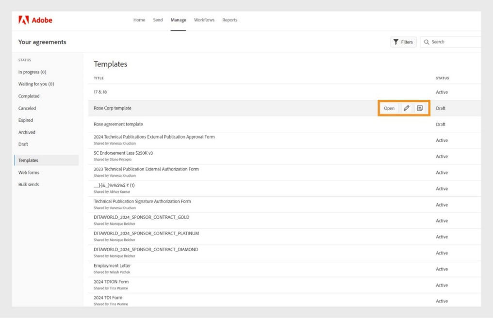 The page shows the list of all the templates where one template is selected and the displayed tools are highlighted.