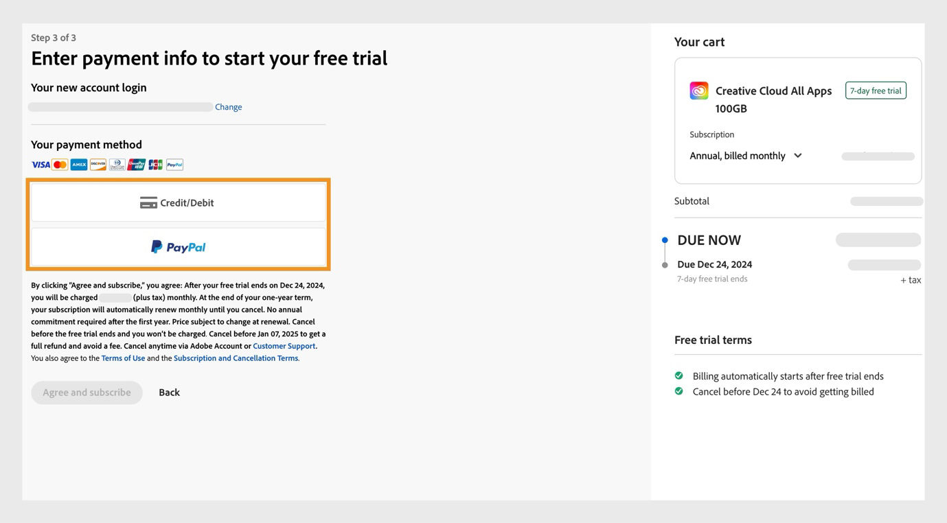 The payment information page displays the available payment methods and plan details.