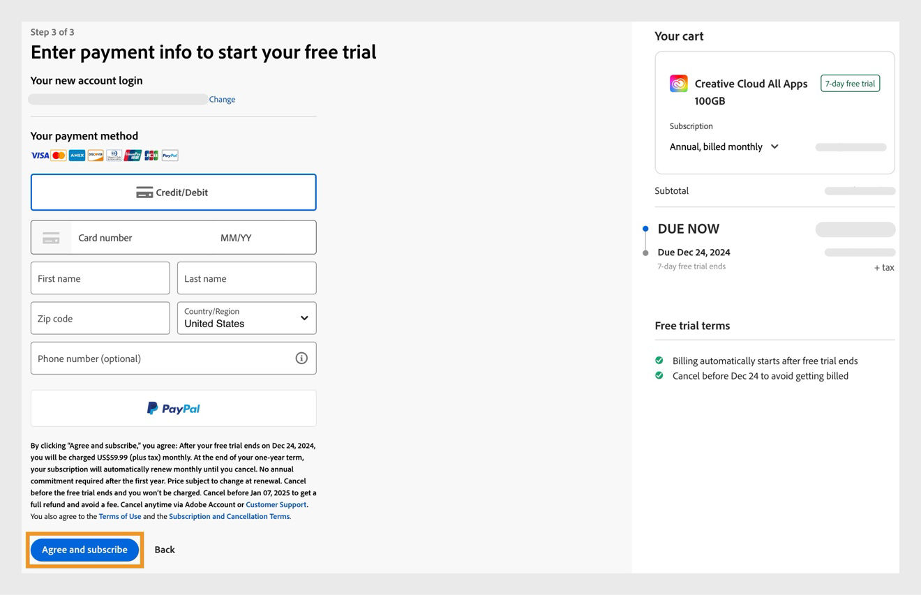 The payments info page displays the plan details, fields to to enter payment details, and options to agree and subscribe to the plan and go back to the previous page.