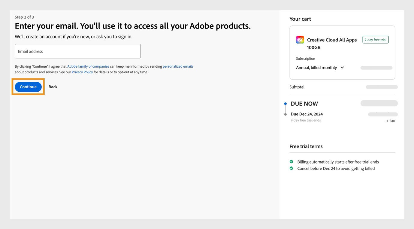 The payments page shows a text box to enter your email address and your plan details, and options to continue or return to the previous page. 