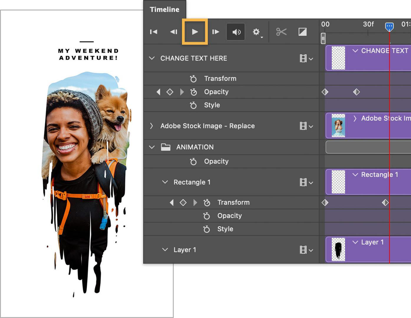 The photo of the surprised girl has been replaced by a photo of a happy hiker and their dog and the text has been changed to My Weekend Adventure!. The Timeline panel is displayed in front of the ink stroke social post. The play button is outlined in yellow.
