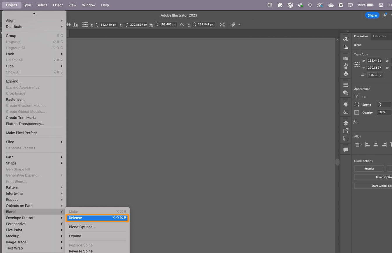 The release option is highlighted under the Object > Blend menu in Adobe Illustrator.