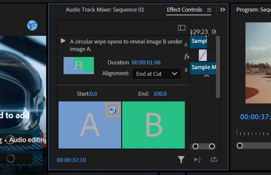 The repositioned transition center is highlighted in the A preview area within the Effect Controls panel.