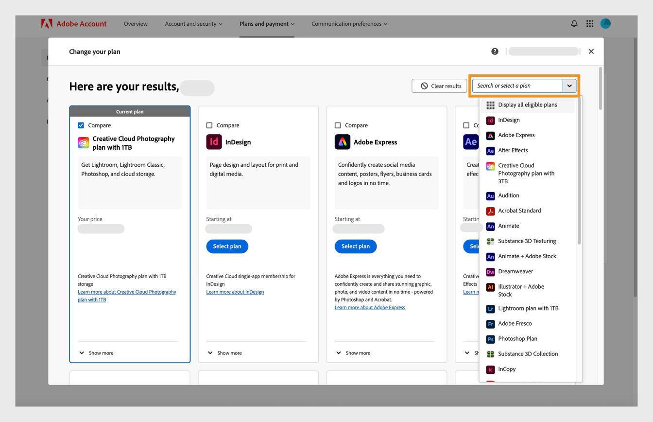 The results window under Change your plan, with details of the current plan and the highlighted Search or select a plan area.