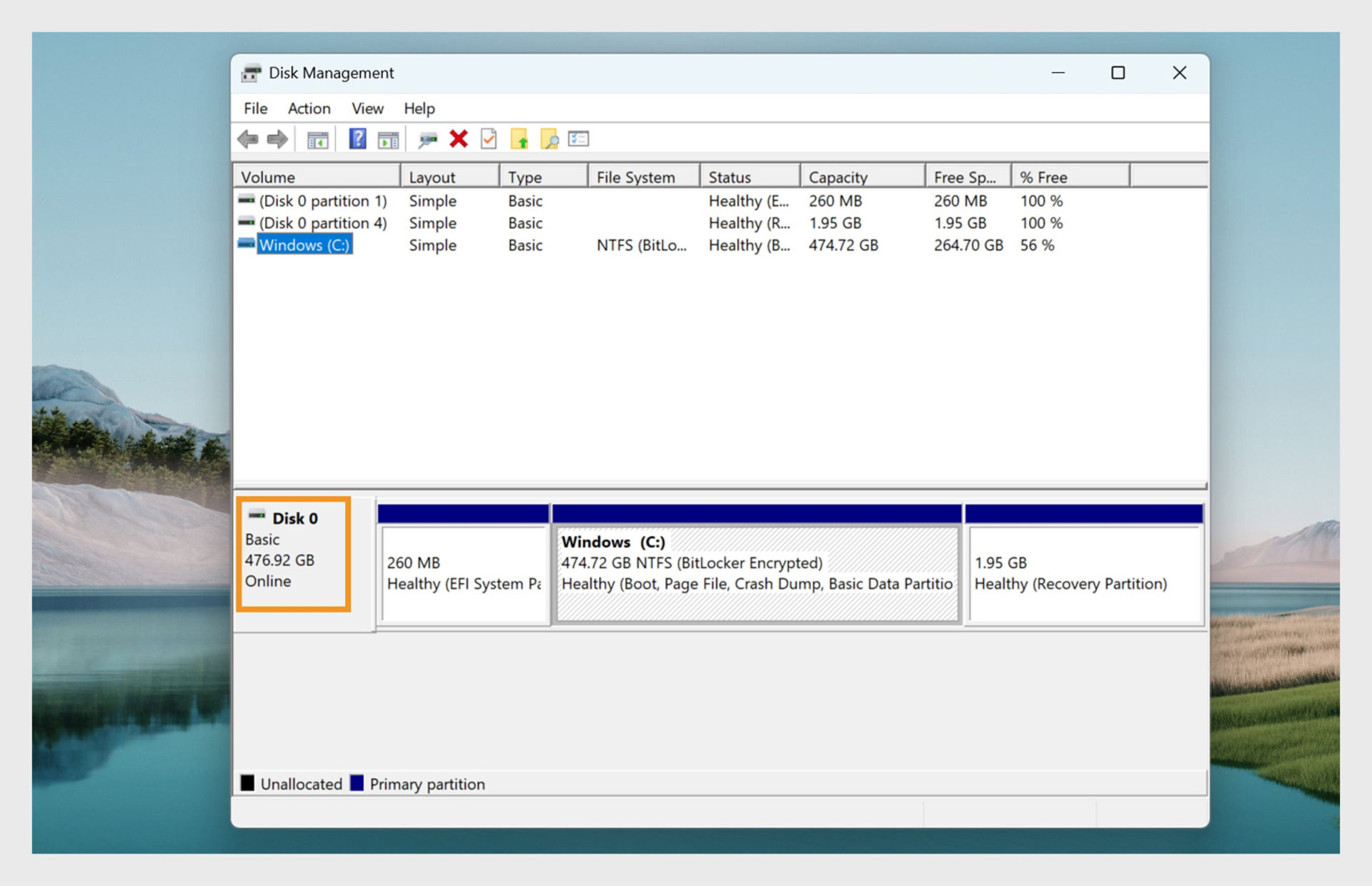 The screen displaying information about the computer's storage devices and their partitions.