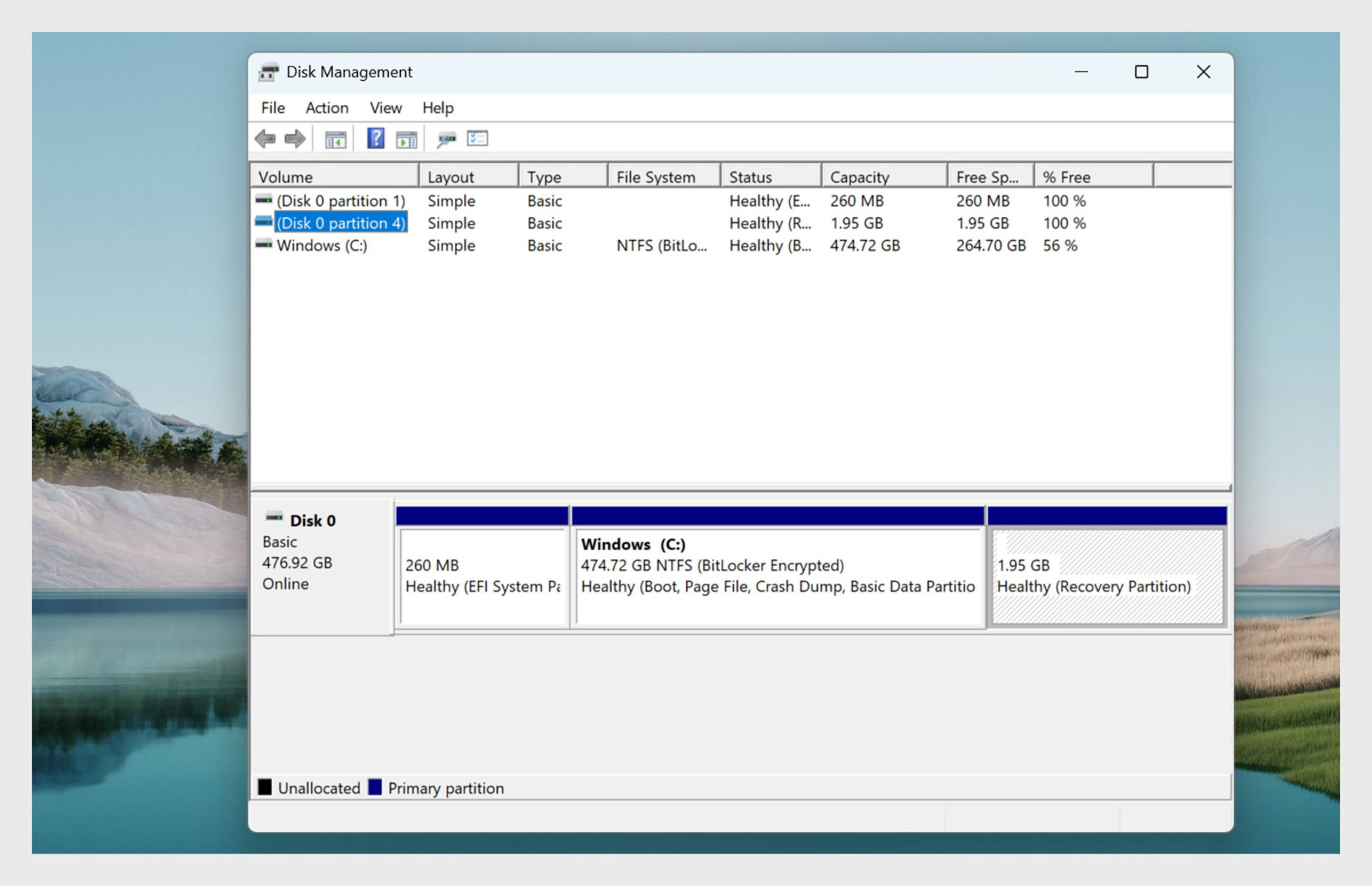 The screen displaying information about the different volumes and partitions on the computer's hard drive. 