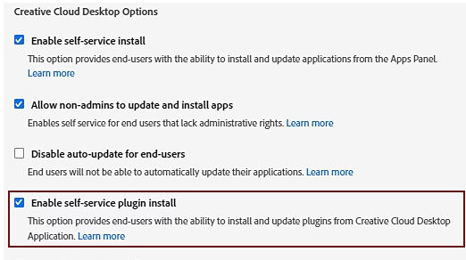 The screen displays the Creative Cloud desktop options to Enable self-service plugin install.