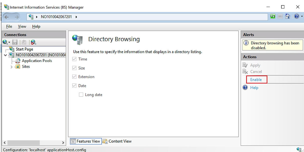The screen displays the Directory Browsing related options and the Alerts panel to enable the it.