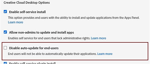 The screen displays the Disable auto-update for end-users option to prevent auto app updates.