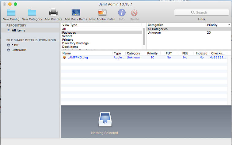 The screen displays the Jamf Admin application with package details.