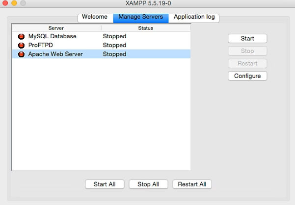 The screen displays the Manage Servers tab under XAMPP server with Apache Web Server highlighted in the server list.