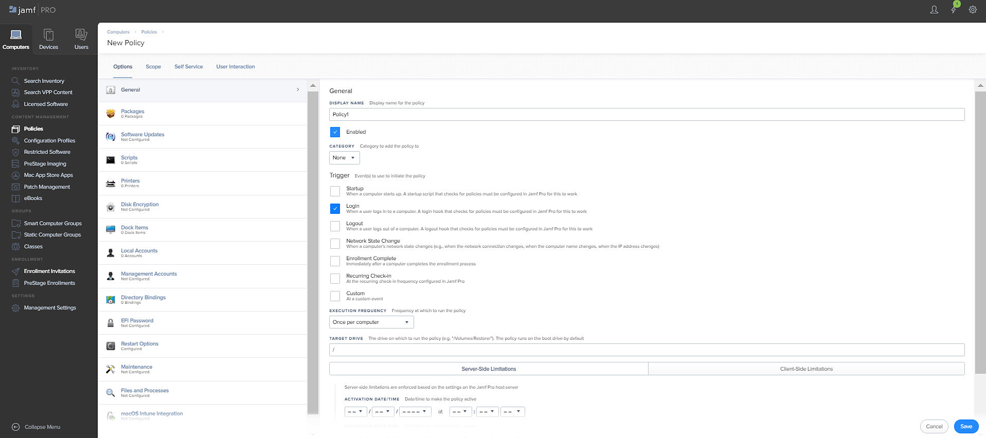 The screen displays the Policy details, triggers and the execution frequency in Jamf Pro.